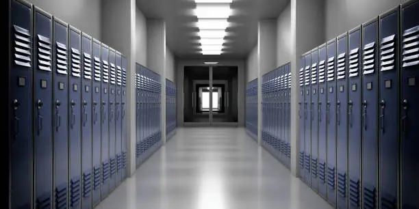 High school lobby with blue color lockers, perspective view. Students storage cabinets, closed metal doors, gray color room interior background. 3d illustration