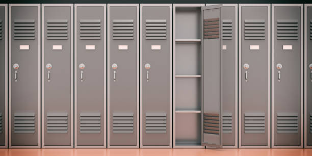 istock School, gym lockers, grey color, one open door. 3d illustration 1269890806
