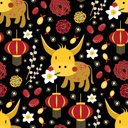Vector Chinese new year of the ox seamless pattern background. Cute gold kawaii bull holding a lucky narcissus flower, lanterns, paper cut peonies, pomelo fruit, pussy willow. Calendar symbol of 2021.
