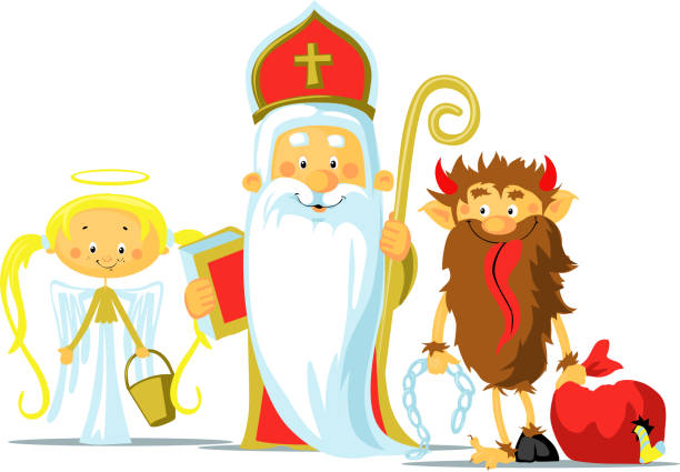 Saint Nicholas, Devil and Angel - Vector Illustration Isolated on White Background. During the Christmas Season they are Warning and Punishing Bad Children and Give Gifts to Good Children. vector art illustration