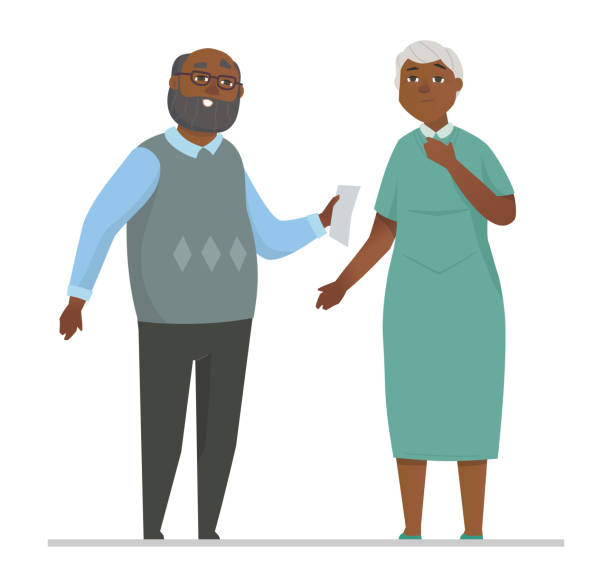 Senior couple - colorful flat design style illustration Senior couple - colorful flat design style illustration with cartoon characters. Retired African American people, man holding a prescription, surprised woman. Elderly people care and support idea sad old woman stock illustrations