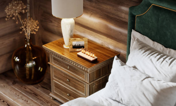 Interior of log house bedroom in 3d