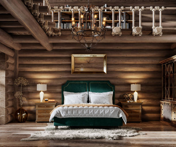 Cozy bedroom inside winter cottage in 3d render 3d render of winter cottage bedroom. Elegant interior of cozy bedroom inside wooden cottage. modern cottage interior design stock pictures, royalty-free photos & images