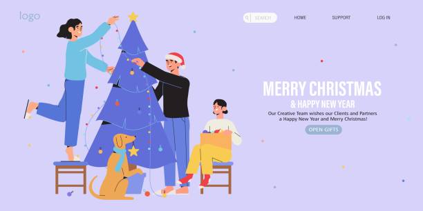 ilustrações de stock, clip art, desenhos animados e ícones de happy family decorate christmas tree together with garland and baubles. christmas and new year preparations banner, flyer, landing page. trendy characters celebrate winter holidays and x-mas at home. - family christmas