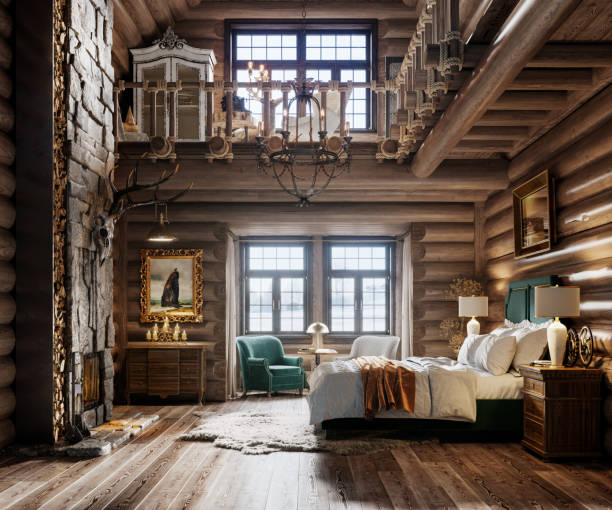 rendering 3d della camera da letto nel cottage invernale - cabin indoors rustic bedroom foto e immagini stock