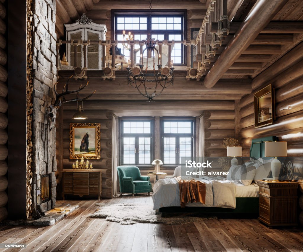 3d render of bedroom in winter cottage Computer generated image of bedroom in winter cottage . Architectural visualization of interior of elegant bedroom with furniture. Chalet Stock Photo