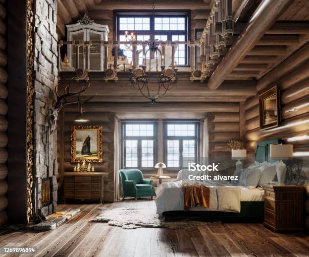 3d Render Of Bedroom In Winter Cottage Stock Photo - Download Image Now - Chalet, Indoors, Rustic