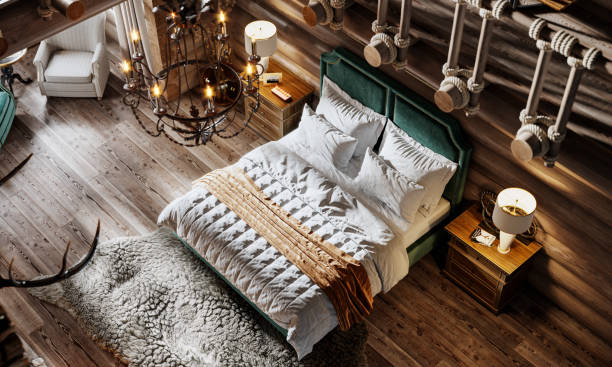 3d render of luxurious interior of a bedroom in cottage High angle shot of a double bed in winter cottage. Luxurious bedroom in modern style log house. bed decoration stock pictures, royalty-free photos & images