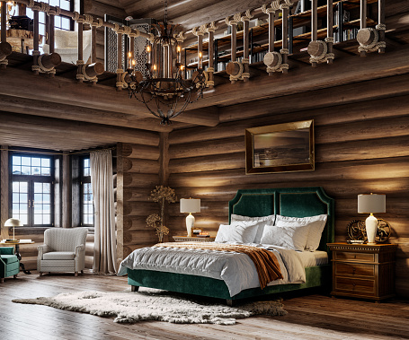 Digitally generated image of bedroom interior in a winter cottage. Beautiful interior of bedroom in a wooden log bedroom in 3d.