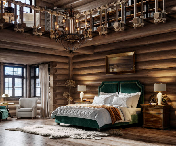 3d render of winter cottage bedroom Digitally generated image of bedroom interior in a winter cottage. Beautiful interior of bedroom in a wooden log bedroom in 3d. modern cottage interior design stock pictures, royalty-free photos & images