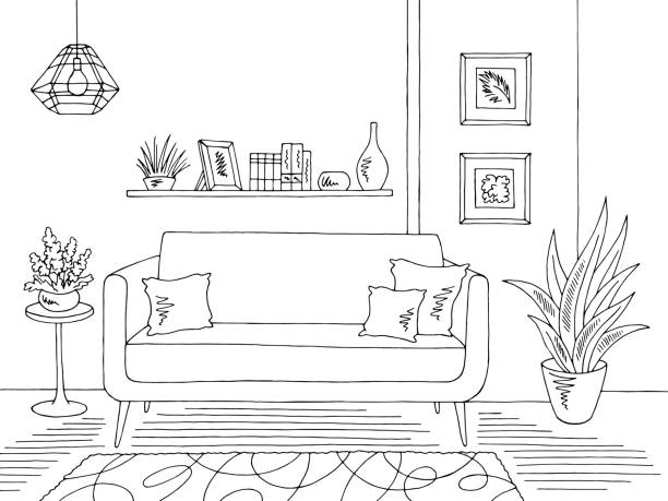 гостиная графический черный белый интерьер дома эскиз иллюстрации вектор - в помещении иллюстрации stock illustrations