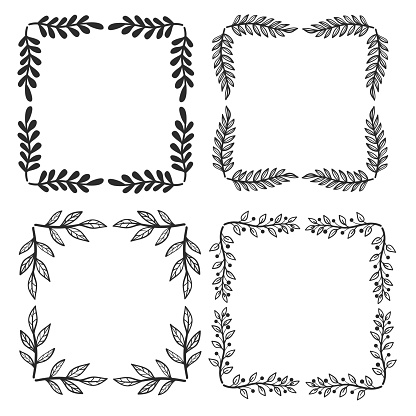 Set Hand Drawn Floral Square Border Design Element Vector Image Stock ...
