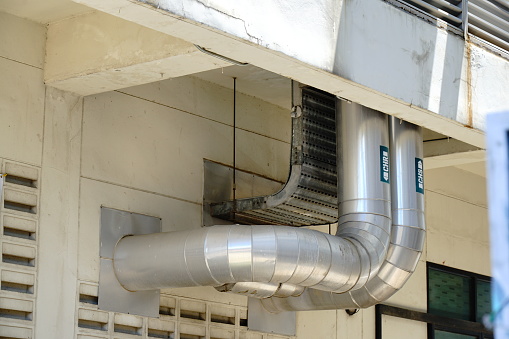 Air Chiller Pipeline and HVAC System ,Overhead Building Structure of Air Conditioning Chiller Pipe and Outlet Cooling Systems.