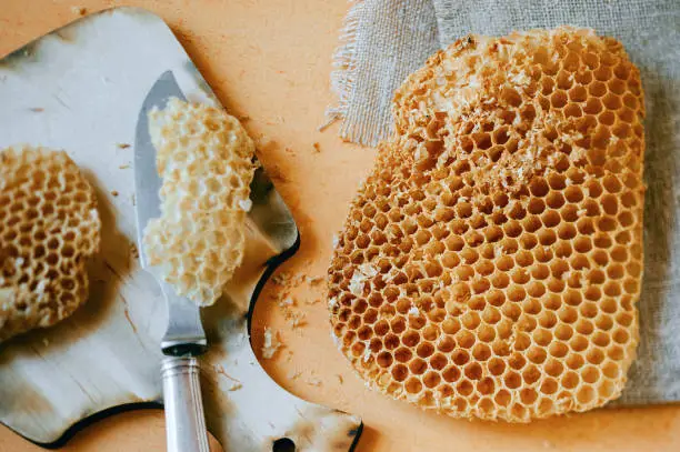 Photo of Bee honeycomb wax with knife on wooden background