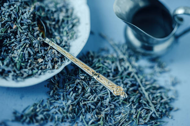 istock Dried lavender flowers with small spoon on saucer 1269900148
