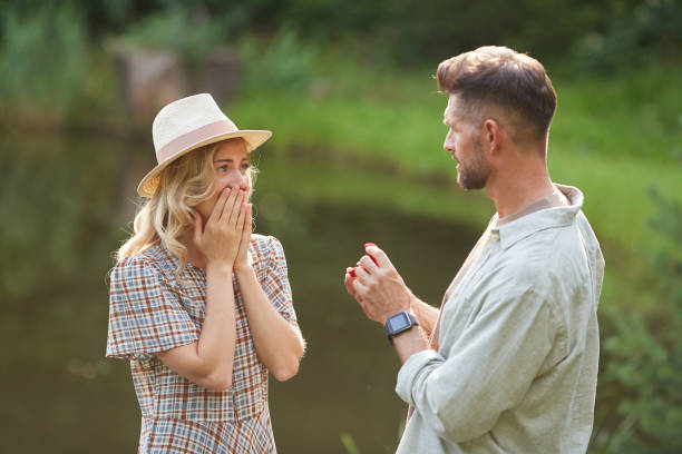istock Man Proposing to Surprised Girlfriend Outdoors 1269900834