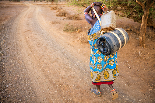 African woman from Maasai tribe carrying water to their village, Kenya, Africa. African women and also children often walk long distances through the savanna to bring back containers of water. Some tourist camps cooperating with nearby villages and allow local people to use their water. Maasai tribe inhabiting southern Kenya and northern Tanzania, and they are related to the Samburu.