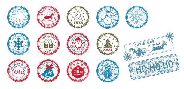 ベクトル スタンプのセット。サンタクロースの全長、クリスマスツリー、雪の中の贈り物や鐘。 - christmas santa claus north pole snow点のイラスト素材／クリップアート素材／マンガ素材／アイコン素材