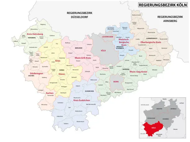 Vector illustration of administrative vector map of the Cologne region in German, North Rhine-Westphalia, Germany