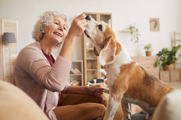 istock Mature Woman Playing with Dog 1269904351