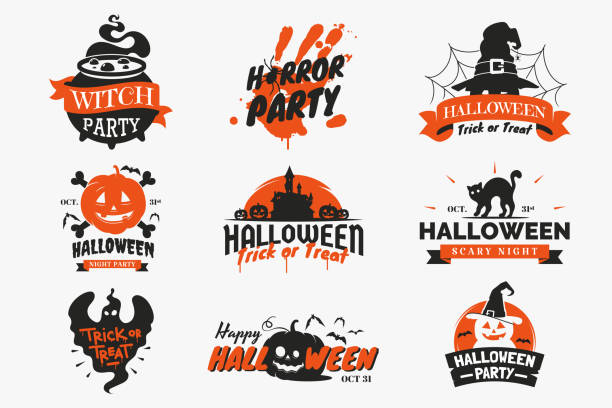 Set of Halloween badges and labels isolated on white background. Vintage Halloween signs with lettering, ribbons, spooky ghosts, pumpkin, witch cauldron, icons and other elements. Vector illustration. Set of Halloween badges and labels isolated on white background. Vintage Halloween signs with lettering, ribbons, spooky ghosts, pumpkin, witch cauldron, icons and other elements. Vector illustration. cauldron stock illustrations