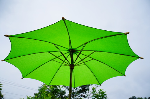 Opened large Green umbrella on sky background.