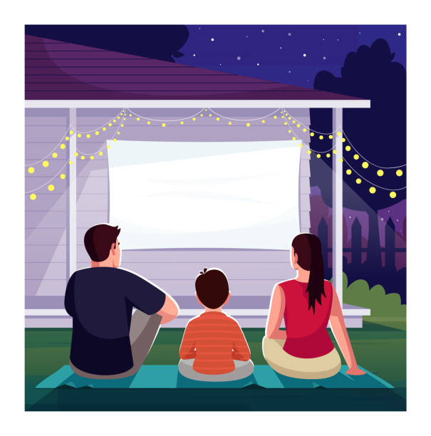 Home cinema semi flat vector illustration Home cinema semi flat vector illustration. Backyard place for weekend rest. Parents watch film with kid. Night movie for bonding. Married couple with son 2D cartoon characters for commercial use backyard background stock illustrations