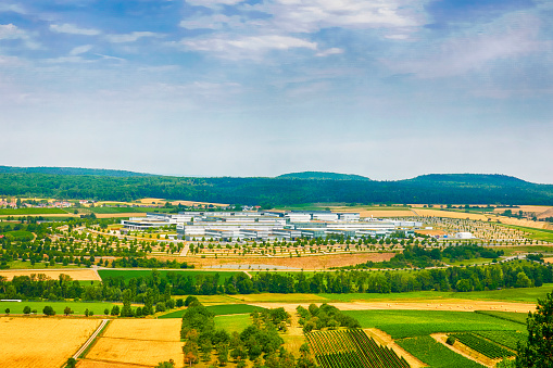 Abstatt, Germany - August, 1st - 2020: Landscape with an industrial area. It is a modern development location of the Bosch Group. Around 6,000 employees from 56 nations work in the Chassis Systems Control division and Bosch Engineering GmbH, a 100% subsidiary of Robert Bosch GmbH.