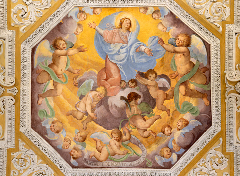 Ossuccio -  The baroque fresco of Assumption of Virgin Mary in church Sacro Monte della Beata Vergine del Soccorso by Salvatore Pozzi di Puria  (1595 – 1681).