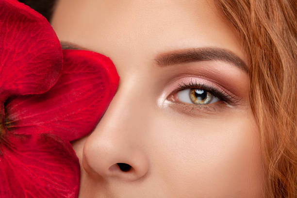 augen und augenbrauen aus nächster nähe. porträt eines schönen teenager-mädchenmit schönem make-up und gesunder sauberer haut. in der nähe des gesichts ist rote orchideenblüte. make-up und kosmetologie konzept. - threaded stock-fotos und bilder