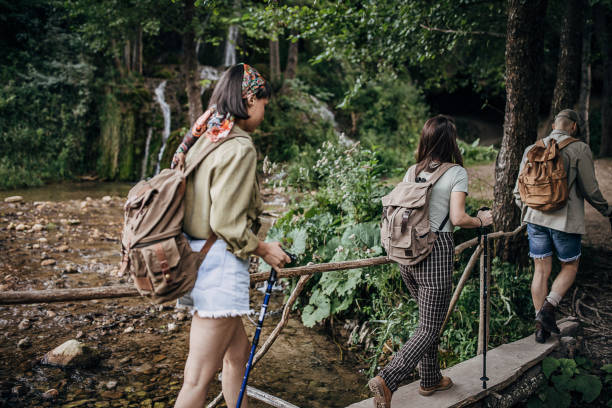 istock Young hikers crossing a wooden bridge in forest 1269918464