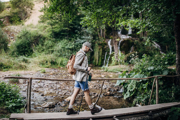 istock Young hiker crossing a wooden bridge in forest 1269918548