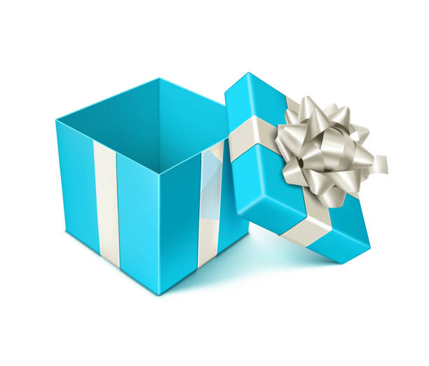 ilustraciones, imágenes clip art, dibujos animados e iconos de stock de arco de regalo azul abierto con lazo de plata - white background gift christmas wrapping paper