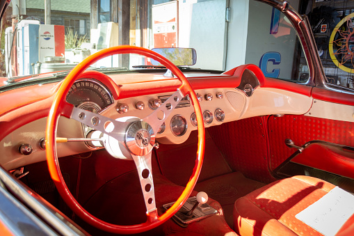 Hackberry, United States, November 2013: Interior of Chevrolet Corvette C1 50's edition, convertible, steering wheel and seats, fully restored