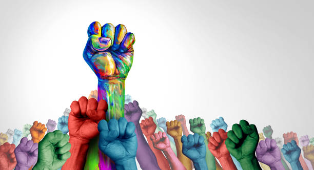 Social Justice Society Social justice society as a crowd of protesters and angry protest group or protester unity and fighting for rights as hands in a fist of diverse people demontrating in a 3D illustration style. social justice concept stock pictures, royalty-free photos & images