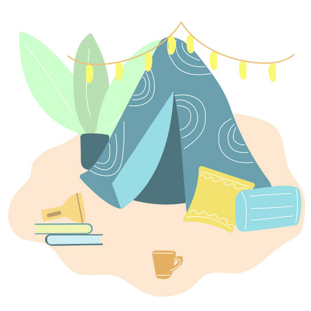 ilustrações de stock, clip art, desenhos animados e ícones de blanket fortress, tent at home for children ir teenagers with pillows and garland. home party. flat vector illustration. - fort