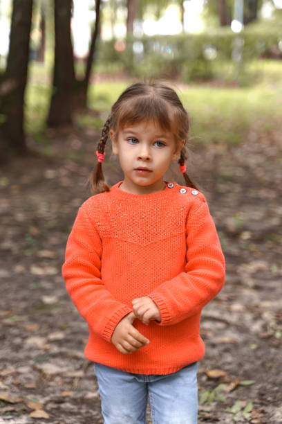retrato de uma menina bonita de 4 anos de idade em um suéter vermelho no outono - little girls autumn child red hair - fotografias e filmes do acervo
