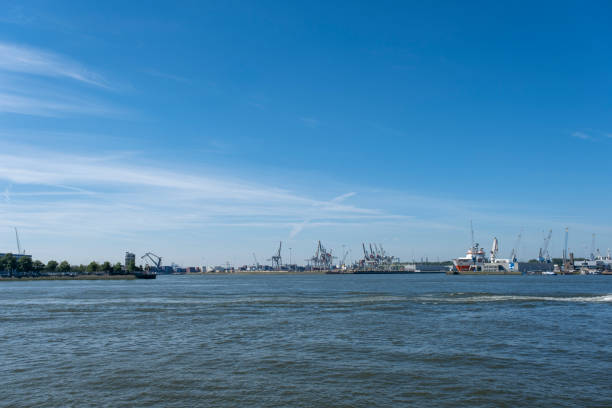big container ships with cranes in the harbor of rotterdam netherlands