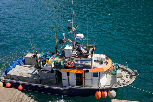 Porto Moniz, Madeira, Portugal - April 18, 2018: Fishing boat in Porto Moniz on Madeira Islands, Portugal