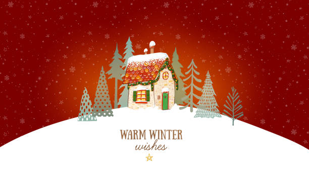 istock Christmas greeting card with cute little house and trees on snow background 1269926826
