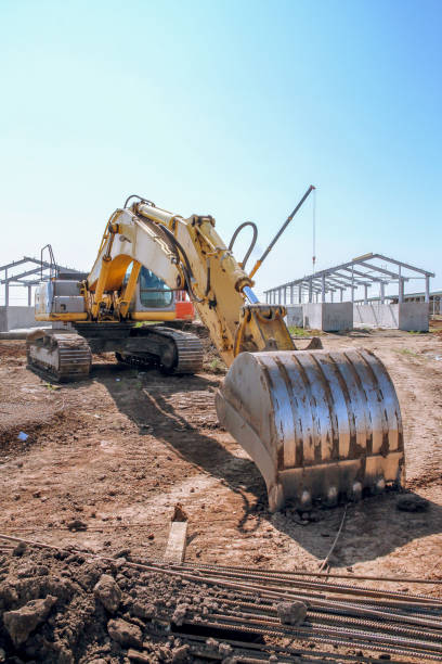 istock Crawler excavator front view. Special equipment for construction. Powerful unit 1269928994