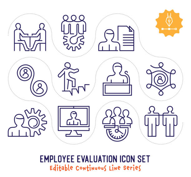Employee Evaluation Editable Continuous Line Icon Pack Employee evaluation vector icons set for logo, emblem or symbol use. This collection is part of single line minimalist drawing series with editable strokes. entrepreneur drawings stock illustrations