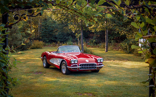 Halifax, Nova Scotia, Canada - August 12, 2007 :  1960 Chevrolet Corvette in residential  backyard after a good polishing, Halifax, Nova Scotia, Canada.