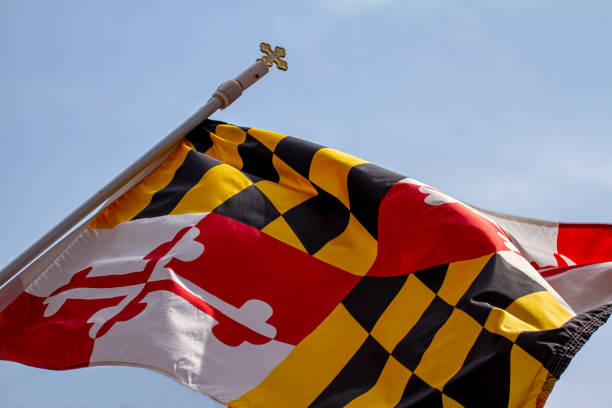 fermez l’image vers le haut du drapeau d’état du maryland agitant contre le ciel clair - maryland flag banner us state flag photos et images de collection