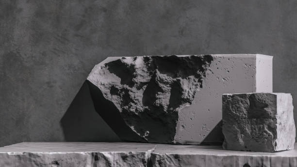 istock Product setting podium rough stone slabs, marble counter concrete table and stone shelves, grunge texture blocks object placement, 3d rendering, 1269930037