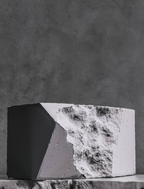 istock Stone block shape, product setting display podium rough textured rock piece cave grunge wall. 3d rendering 1269930112