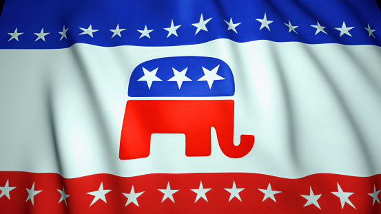 waving flag, us republican party elephant emblem, background, 3d illustration