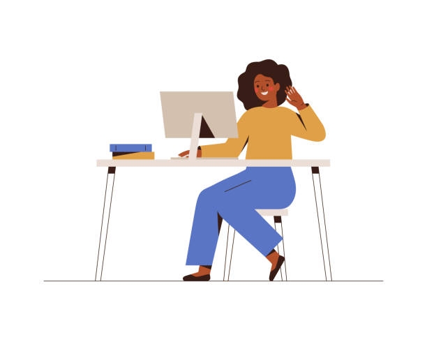 Black woman is working remotely and talking with colleagues during the videoconference. Black woman is working remotely and talking with colleagues during the videoconference. African businesswoman or entrepreneur is having a corporate video call. Online communication. Vector desk clipart stock illustrations