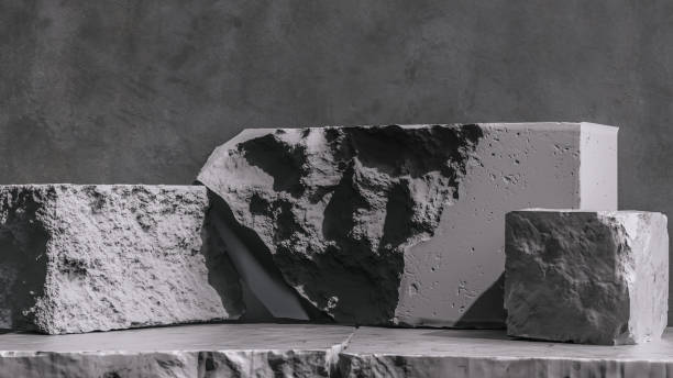 istock Marble Stone pieces grunge wall background, debris stone slabs for product display, rough geometric shapes of rock. 3d  rendering. 1269930605