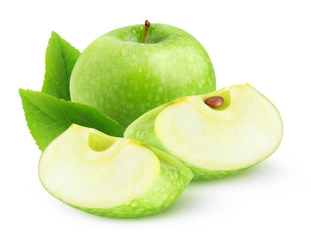 istock One green apple and two wedges isolated on white 1269930674